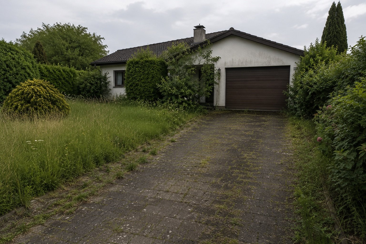 Verschmutzte Pflasterfläche vor einem Haus